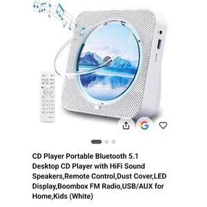 Portable Desktop CD Player Bluetooth 5.1 FM Radio USB AUX Remote White